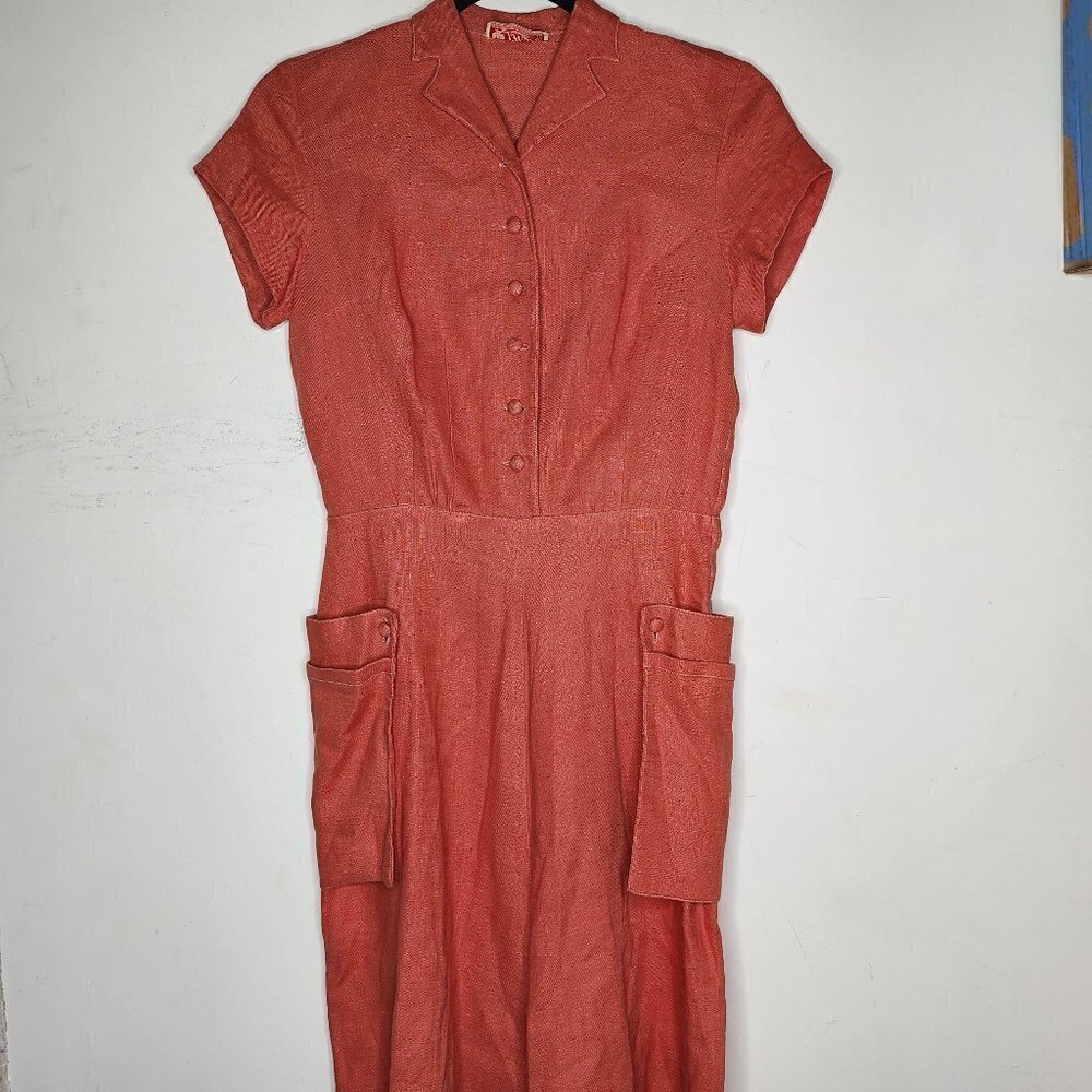 Vintage L'Aiglon Orange Pinup 50's Button Front Maxi Dress Short Sleeve, sz 10